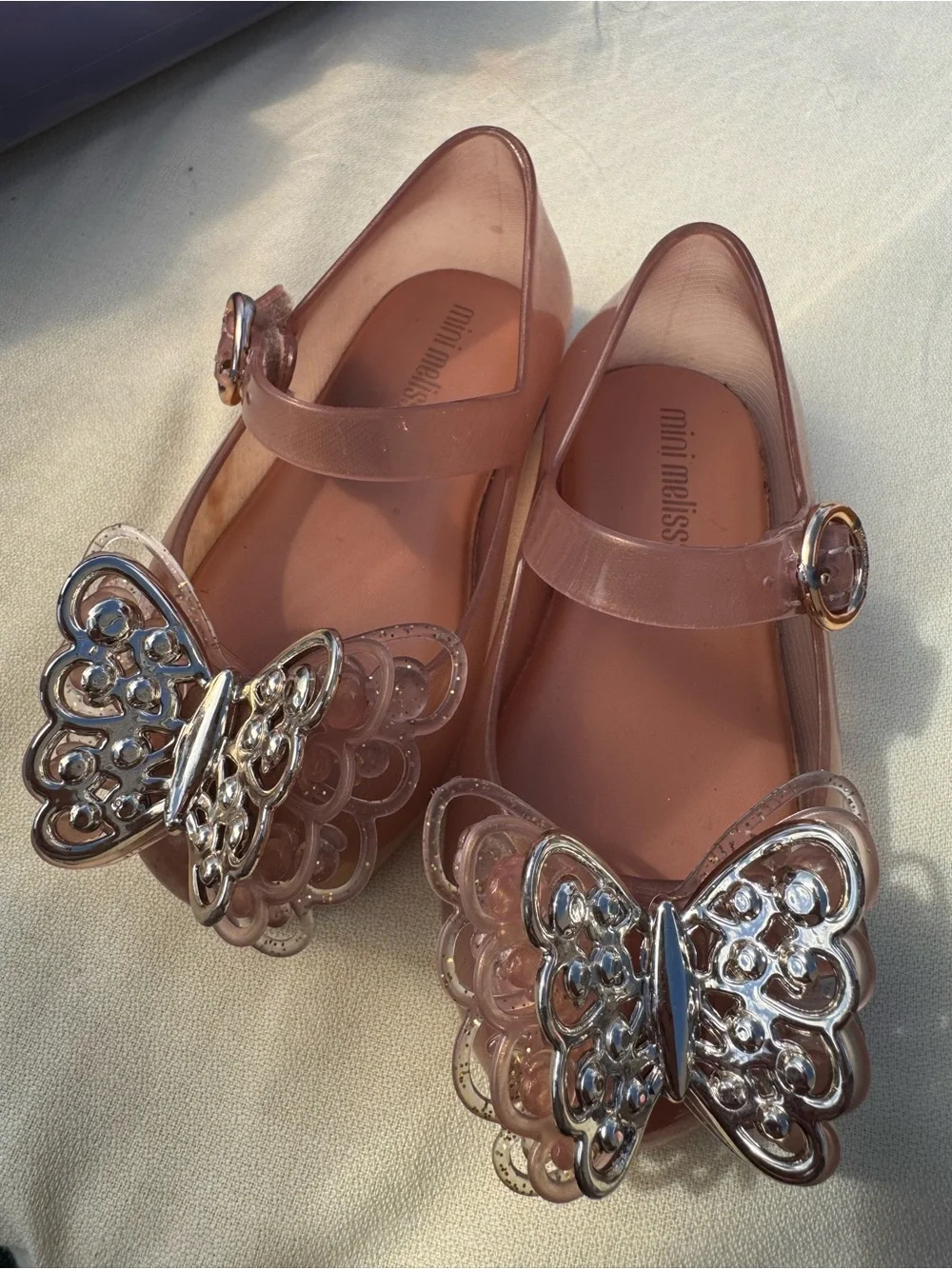 Mini Melissa Rose Pink Jelly Mary Janes with Silver Butterfly Accent